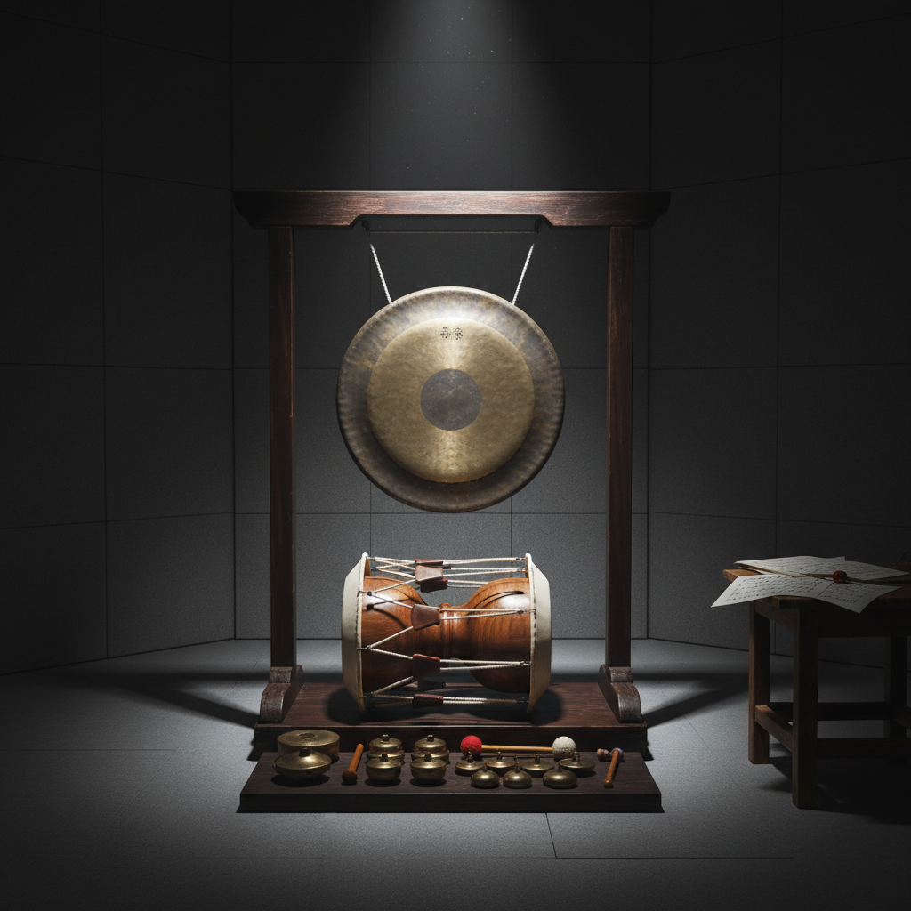 An antique brass gong with a slightly weathered, hand-hammered surface hangs from a dark wooden frame, its center bearing subtle traces of repeated strikes. Around its base lie traditional Korean percussion instruments: a janggu drum with taut leather heads and silk cords, and small bronze chimes neatly arranged on a low platform. The setting is a dim, acoustically treated studio with charcoal-gray walls and scattered sheet music on a side table. A single, soft spotlight from above grazes the metallic surfaces, creating luminous halos and deep, dramatic shadows. Photographic realism, framed in a centered, slightly low-angle composition, conveying reverence, history, and the weight of cultural memory.