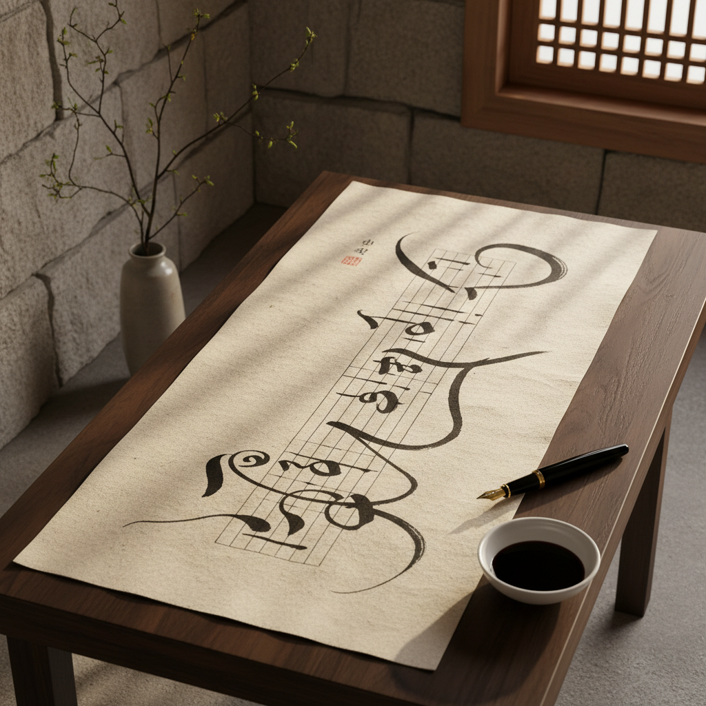 A traditional Korean hanji paper scroll unfurled across a low, dark-stained wooden table, its surface bearing flowing, abstract ink lines that resemble both calligraphy and musical notation. Beside it lies a fountain pen with a lacquered black body and gold nib, resting on a small porcelain ink dish. The surrounding space is sparse: a textured stone wall, a single branch in a slender vase, and a distant glimpse of a wooden lattice window. Late afternoon light filters through, creating soft, angled beams that highlight the fibrous texture of the hanji and subtle shadows along the ink strokes. Photographic realism, shot from directly above with balanced composition, evoking introspection and the fusion of tradition and contemporary expression.