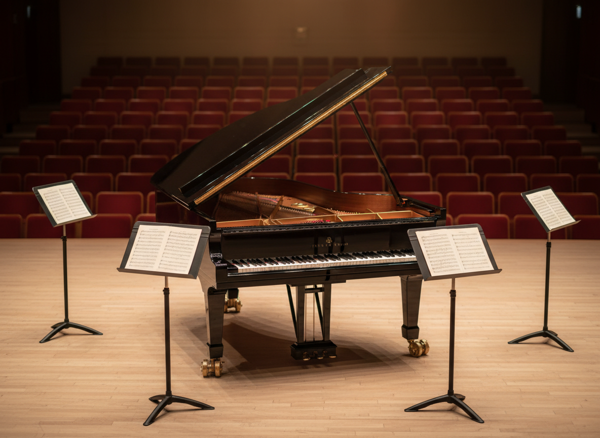 A meticulously tuned black grand piano with its lid fully open, revealing gleaming strings and hammers, sits in the center of a minimalist concert hall stage. The wood has a deep, mirror-like polish that softly reflects the warm amber stage lights above. Around it, empty music stands and neatly arranged scores hint at an upcoming performance. Soft, directional spotlights create delicate highlights along the piano’s curved edge and cast long, elegant shadows across the matte wooden floor. Photographic realism, shot from a slightly elevated, three-quarter angle with a shallow depth of field, emphasizing the instrument while the rows of seats fade into a gentle blur, creating a sophisticated, contemplative atmosphere.