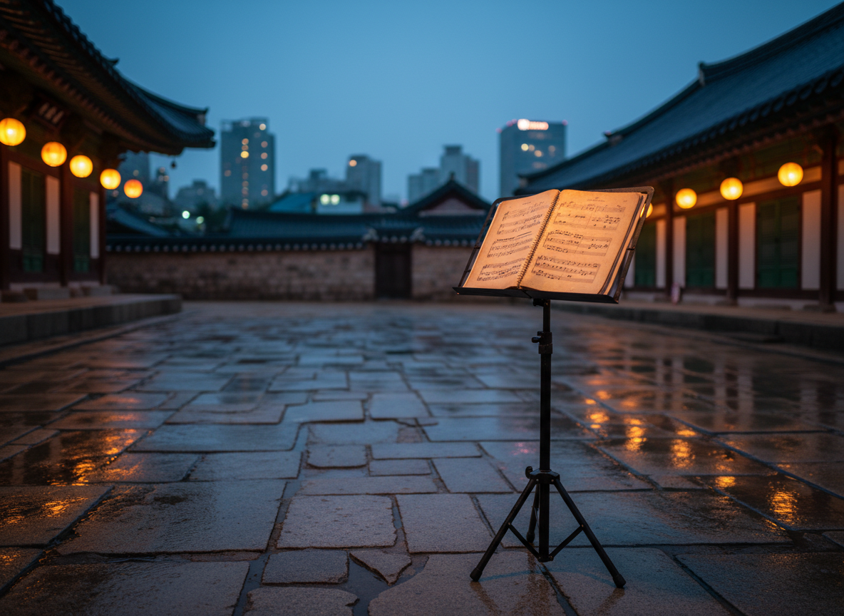 A weathered stone courtyard at dusk, its irregular flagstones slick from a recent rain, reflecting the faint glow of paper lanterns hanging from unseen eaves. At the center, a single black music stand holds a bound score whose pages flutter slightly as if caught by a breeze. The background reveals the blurred outlines of traditional Korean rooftops and a hint of modern city lights beyond the wall, symbolizing cultural convergence. Cool blue twilight mixes with the warm lantern light, creating a subtle, melancholic contrast. Photographic realism, composed using the rule of thirds from a low, slightly off-center angle, emphasizing solitude, memory, and the essence of “Han” in a contemporary context.