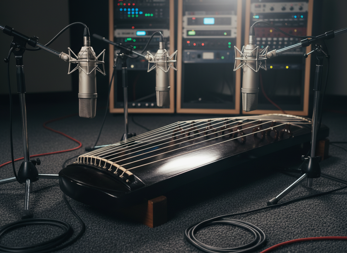 A carefully arranged cluster of recording microphones—sleek, matte-silver condensers with intricate grilles—surrounds a glossy black gu-geomungo resting on a low platform. The instrument’s strings stretch taut over dark wood, their subtle metallic sheen catching the studio lights. Around them, coiled cables run neatly across a sound-absorbing floor, with out-of-focus racks of audio gear glowing faintly in the background. The scene is lit by soft, directional overhead lighting and a gentle rim light from behind, producing a refined halo along the instrument’s silhouette. Photographic realism, captured from a low, three-quarter angle with medium depth of field, creating a mood of precise craft and quiet technical mastery.