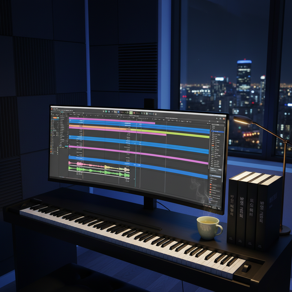 A sleek, modern composing workspace featuring a large, matte-black digital piano keyboard beneath an ultra-wide monitor displaying a DAW session with a complex orchestral arrangement. To the side, a stack of printed scores bound in black covers labeled with Korean titles rests beside a small ceramic cup of cooling green tea. The room has dark acoustic panels, subtle LED backlighting in a deep indigo hue, and a distant view of a nighttime city skyline through a tall window. Soft, cool-toned ambient lighting contrasts with a warm desk lamp, creating a sophisticated, cinematic mood. Photographic realism, captured from a slightly elevated, three-quarter angle with clear focus throughout.