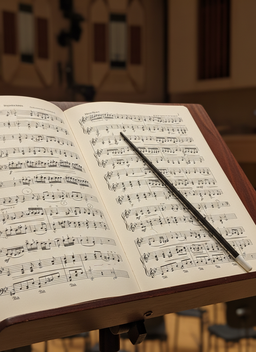 A close-up of an open orchestral score resting on a dark walnut music stand, the cream-colored pages filled with meticulously printed staves and subtle pencil annotations in the margins. A slim, polished ebony conductor’s baton lies diagonally across the page, its white tip catching the light. Behind, the blurred suggestion of a concert hall with acoustic panels and distant stage lights provides context. Soft, overhead rehearsal lighting creates gentle shadows between the pages and brings out the paper’s texture. Photographic realism, captured at eye level with a shallow depth of field, focusing sharply on the notes and baton to evoke quiet concentration and refined artistry.