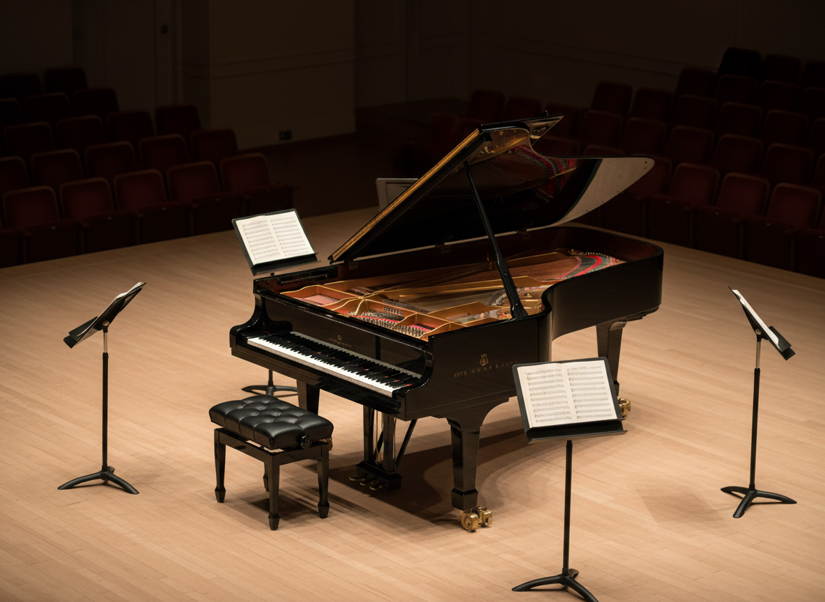 A meticulously tuned black grand piano with its lid fully open, revealing gleaming strings and hammers, sits in the center of a minimalist concert hall stage. The wood has a deep, mirror-like polish that softly reflects the warm amber stage lights above. Around it, empty music stands and neatly arranged scores hint at an upcoming performance. Soft, directional spotlights create delicate highlights along the piano’s curved edge and cast long, elegant shadows across the matte wooden floor. Photographic realism, shot from a slightly elevated, three-quarter angle with a shallow depth of field, emphasizing the instrument while the rows of seats fade into a gentle blur, creating a sophisticated, contemplative atmosphere.